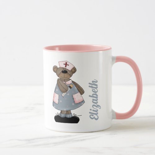 Cute Teddy Bear Custom Name Gift Mug for Nurse