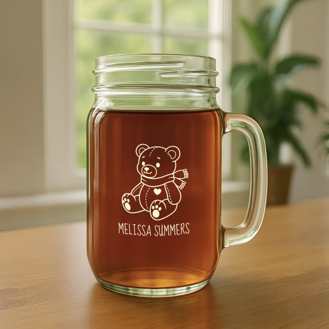 Cute Teddy Bear Custom Name Mason Jar W/ Handle (Creator Uploaded)