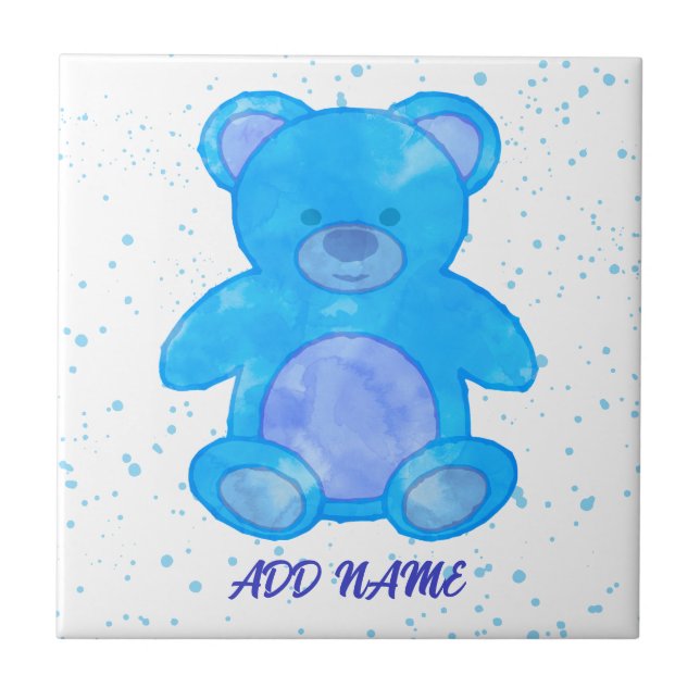Cute Teddy Bear Custom Text Blue Ceramic Tile (Front)
