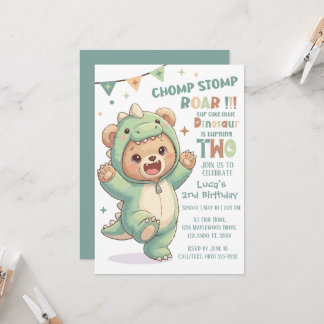 Cute Teddy Bear Dinosaur | 2nd Dino Birthday Party Invitation