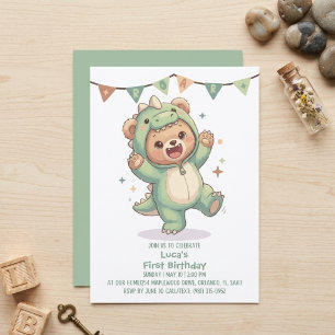 Cute Teddy Bear Dinosaur Dino Bear 1st Birthday Invitation