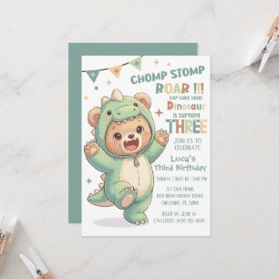 Cute Teddy Bear Dinosaur Third Dinosaur Birthday Invitation
