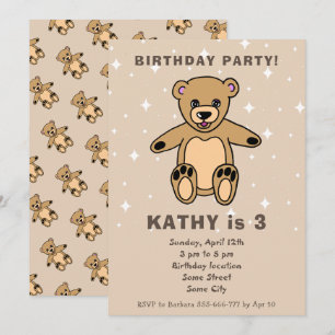 Cute Teddy Bear Drawing Beige Boy Girl Birthday Invitation