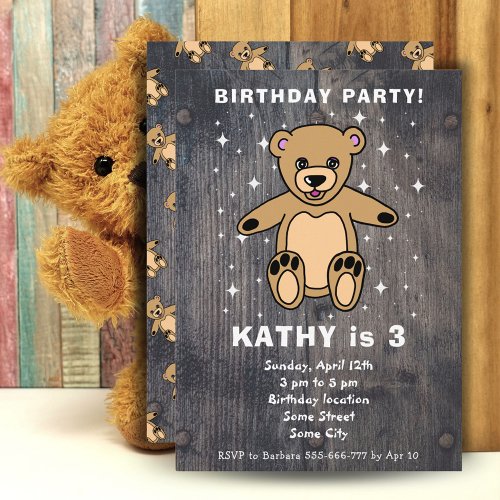 Cute Teddy Bear Drawing Wood Boy Girl Birthday Invitation