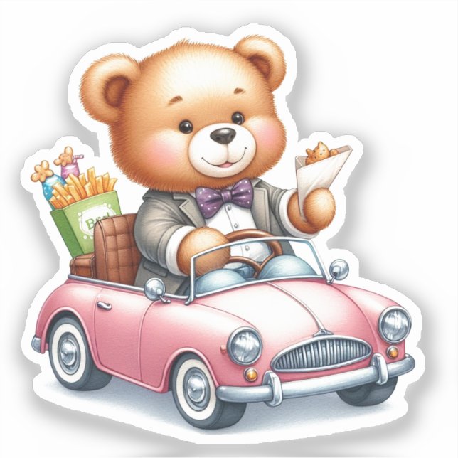 Cute Teddy Bear Driving Kawaii & Animal Lovers Sticker (Front)