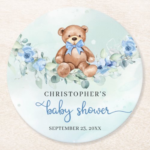Cute Teddy bear dusty blue flowers eucalyptus Round Paper Coaster