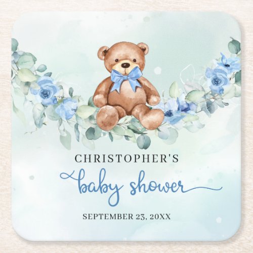 Cute Teddy bear dusty blue flowers eucalyptus Square Paper Coaster