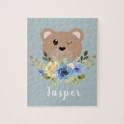 Cute Teddy Bear Dusty Blue Kids  Name Jigsaw Puzzle