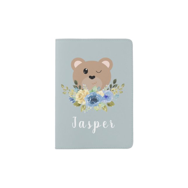 Cute Teddy Bear Dusty Blue & Name Kids Passport Holder (Front)