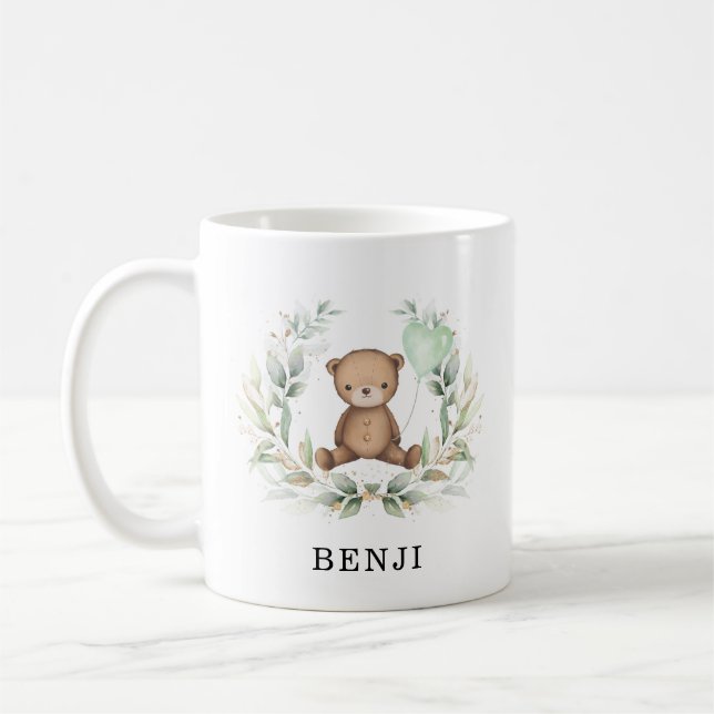 Cute Teddy Bear Eucalyptus Greenery Wreath Name Coffee Mug (Left)