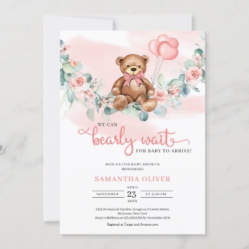 Cute Teddy Bear Eucalyptus Wreath Girl Baby Shower Invitation