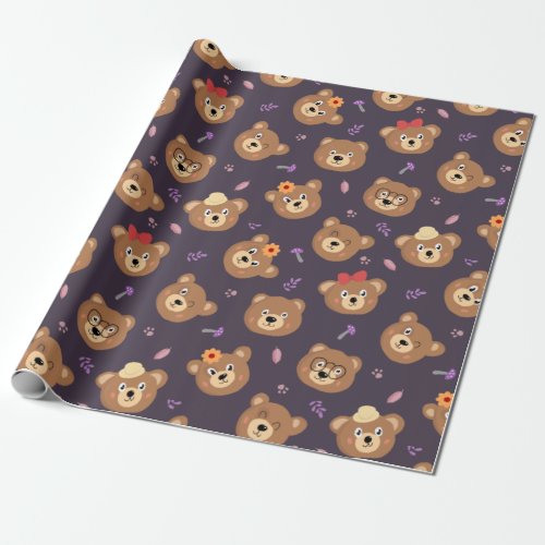 Cute Teddy Bear Face Pattern Autumn  Purple Wrapping Paper