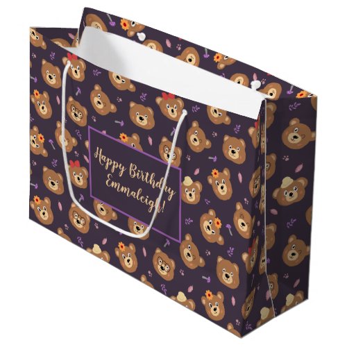 Cute Teddy Bear Face  Purple Custom Large Gift Bag