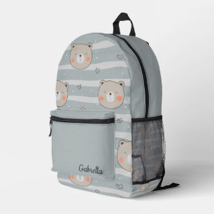 Cute Teddy Bear Faces, Hearts and Stripes Printed Backpack