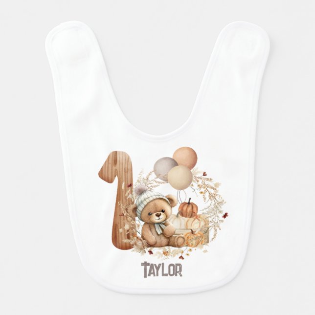 Cute Teddy Bear Fall Beary 1st Birthday Baby Bib (Front)