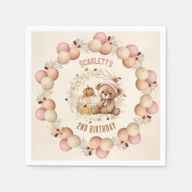Cute Teddy Bear Fall Birthday Girl Paper Napkins | Zazzle