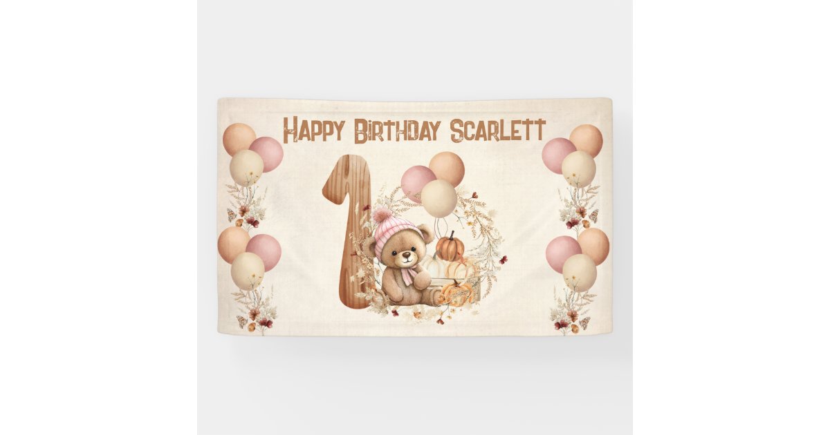 Cute Teddy Bear Fall Girl Beary 1st Birthday Banner | Zazzle