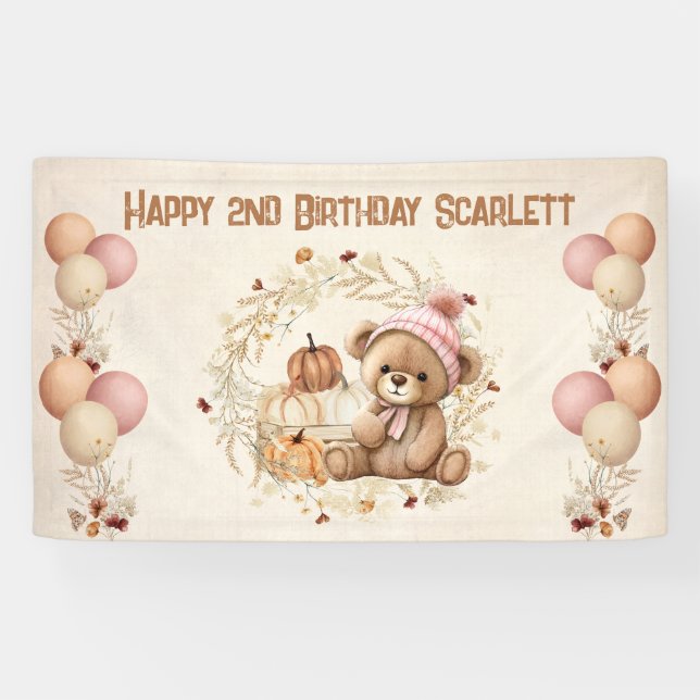 Cute Teddy Bear Fall Girl Birthday Banner (Horizontal)