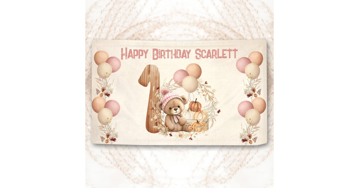 Cute Teddy Bear Fall Girl Pink Beary 1st Birthday Banner | Zazzle
