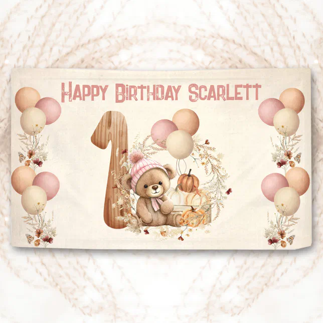 Cute Teddy Bear Fall Girl Pink Beary 1st Birthday Banner | Zazzle