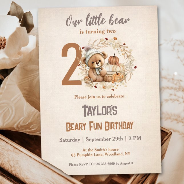Cute Teddy Bear Fall Pumpkin Boy 2nd Birthday Invitation (Cute Teddy Bear Fall Pumpkin Boy 2nd Birthday Invitation)