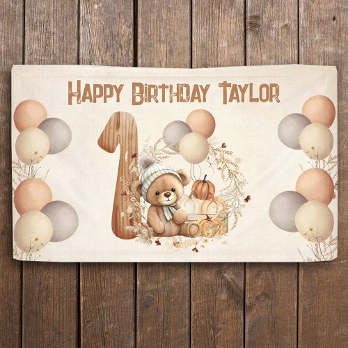 Cute Teddy Bear Fall Pumpkins Beary 1st Birthday Banner