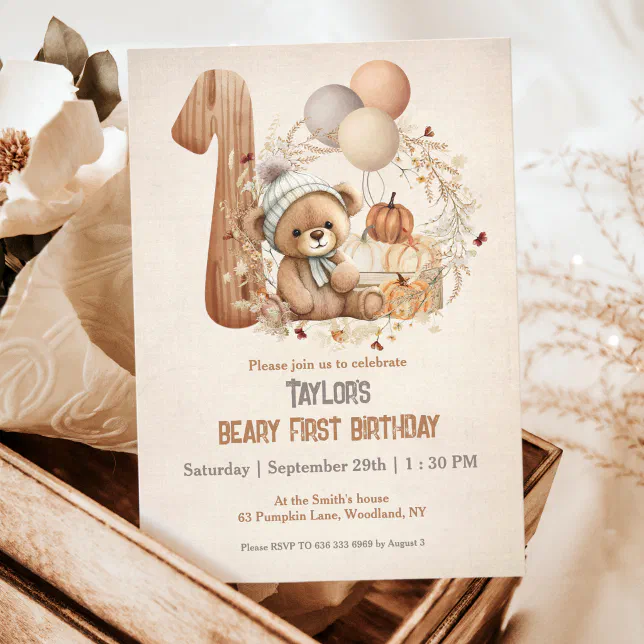 Cute Teddy Bear Fall Pumpkins Beary 1st Birthday Invitation | Zazzle