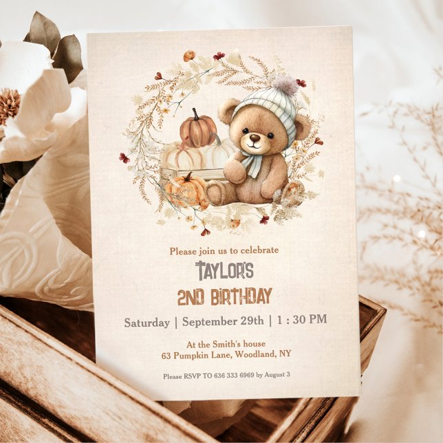 Cute Teddy Bear Fall Pumpkins Boy Birthday Invitation (Cute Teddy Bear Fall Pumpkins Boy Birthday Invitation)