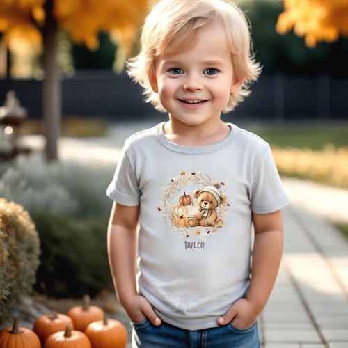 Cute Teddy Bear Fall Pumpkins Name  Toddler T_shirt