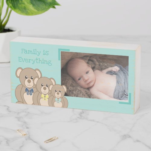 Cute teddy bear family for kids room photo mint wooden box sign