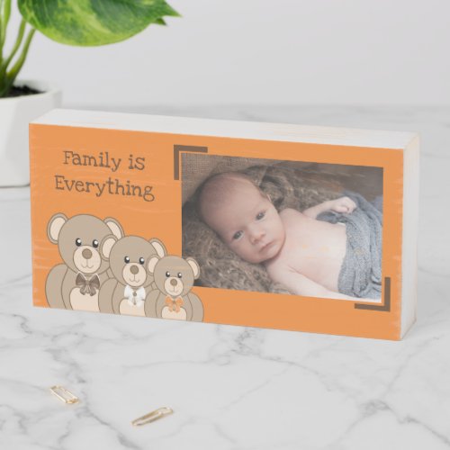Cute teddy bear family for kids room photo orange wooden box sign