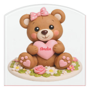 Cute Teddy Bear Figurine with Name Heart Door Sign