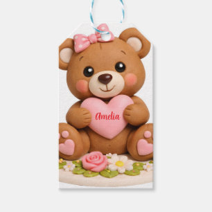 Cute Teddy Bear Figurine with Name Heart Gift Tags