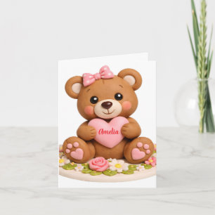 Cute Teddy Bear Figurine with Name Heart Holiday Card