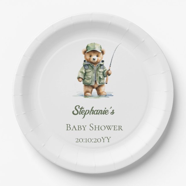 Cute Teddy Bear Fisherman Oh Boy Baby Shower Paper Plates (Front)