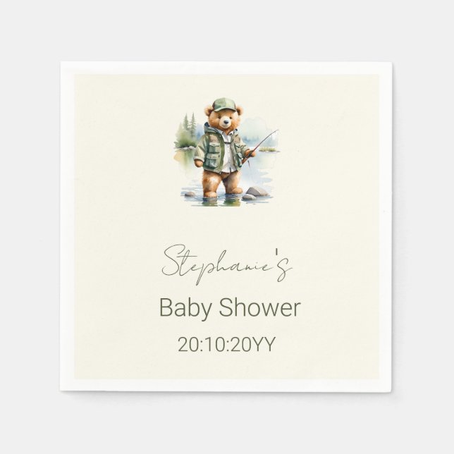 Cute Teddy Bear Fisherman Reel Excited Baby Shower Napkins (Front)