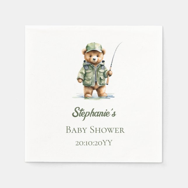 Cute Teddy Bear Fisherman Reel Excited Baby Shower Napkins (Front)