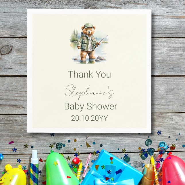 Cute Teddy Bear Fisherman Reel Excited Baby Shower Napkins (Creator Uploaded)