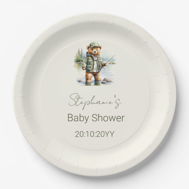Cute Teddy Bear Fisherman Reel Excited Baby Shower Paper Plates (Front)