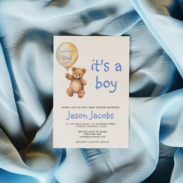 Cute teddy bear floating balloon baby shower invitation (Cute teddy bear floating balloon baby shower invitation, with space for you to add the date and time)