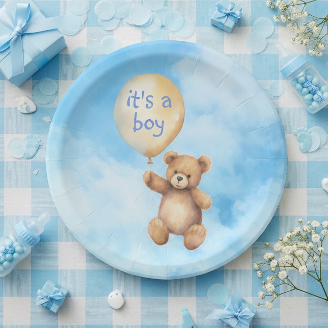 Cute teddy bear floating balloon baby shower paper plates (Cute teddy bear floating balloon baby shower paper plates.)