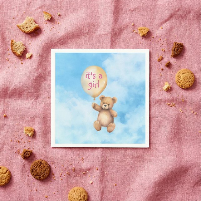 Cute teddy bear floating balloon girl baby shower napkins (Cute teddy bear floating balloon girl baby shower napkins.)