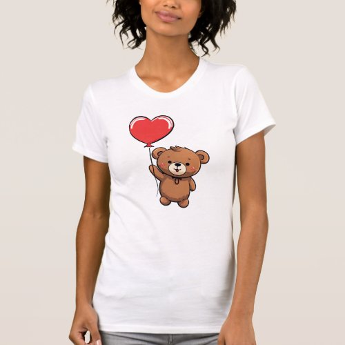 Cute Teddy Bear Floating Heart Balloon T_Shirt