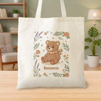 Cute Teddy Bear Floral Custom Name Kids Tote Bag