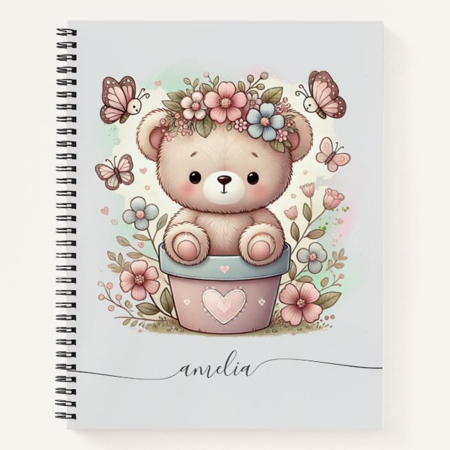 Cute Teddy Bear & Floral Custom Name  Notebook (Front)
