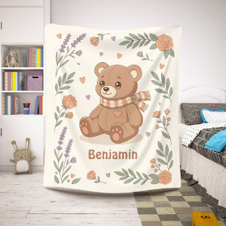 Cute Teddy Bear Floral Custom Name Sherpa Blanket
