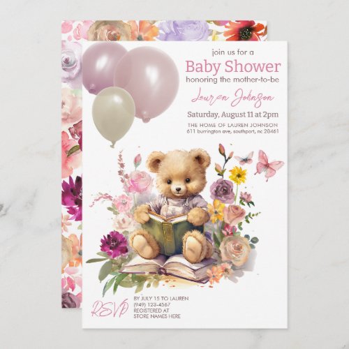 Cute Teddy Bear Floral Pink Balloons Baby Shower Invitation