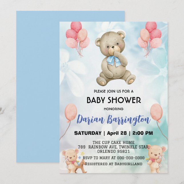 Cute teddy Bear flower balloon baby boy shower  Invitation (Front/Back)