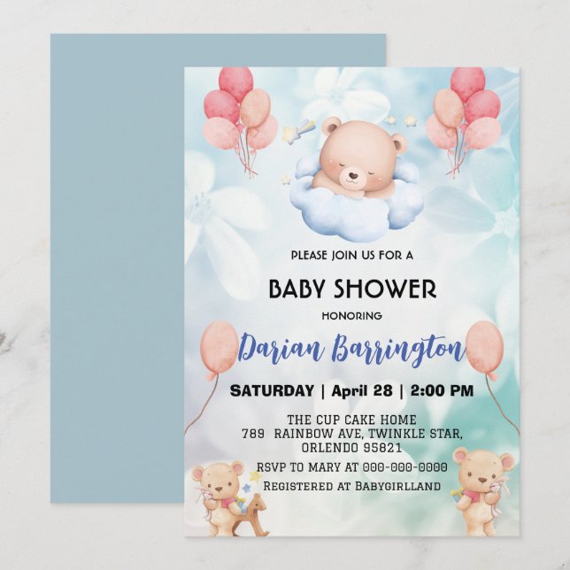 cute teddy Bear flower balloon baby shower party  Invitation (Front/Back)