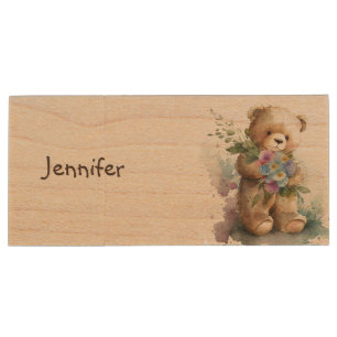Cute Teddy Bear & Flowers Custom Name Wood Flash Drive